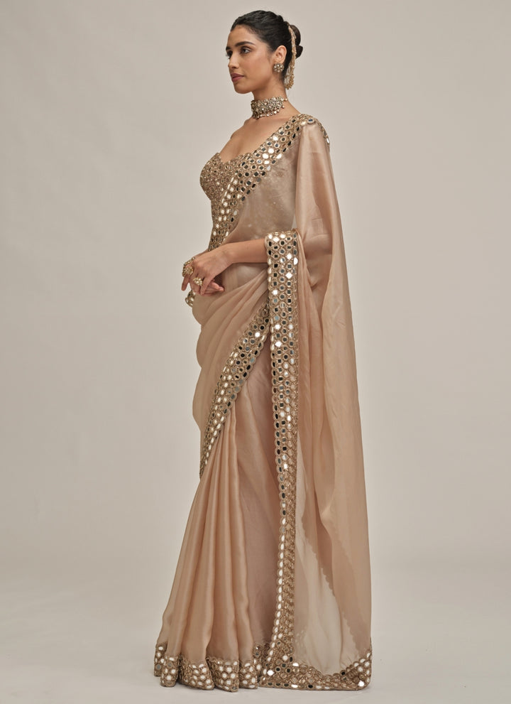 Beige Gold Satin Organza Saree With Corset