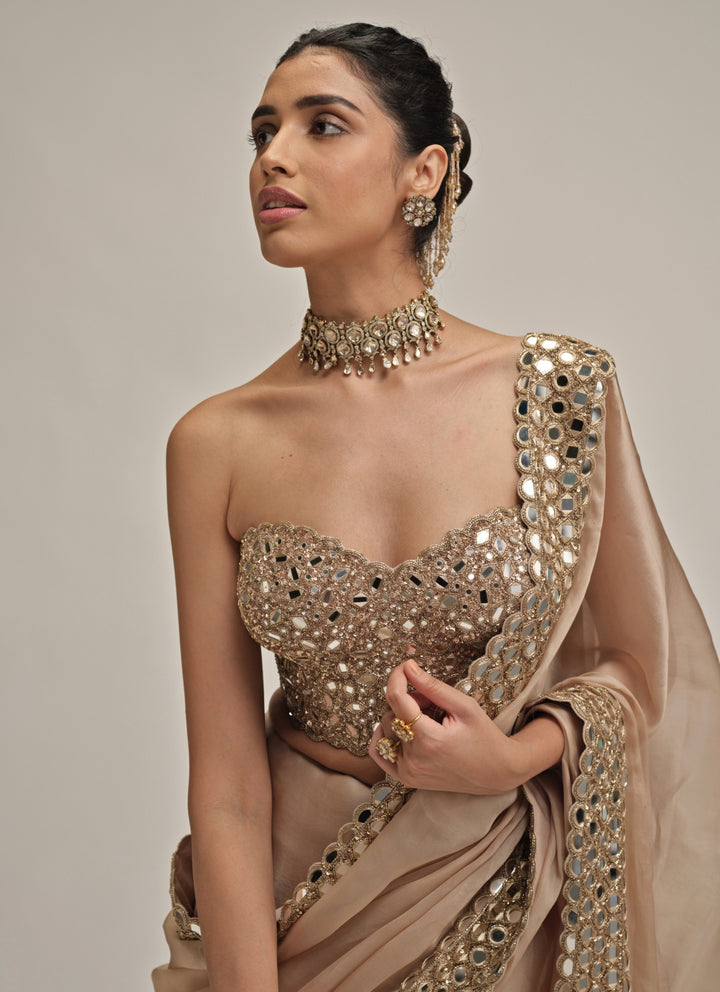 Beige Gold Satin Organza Saree With Corset