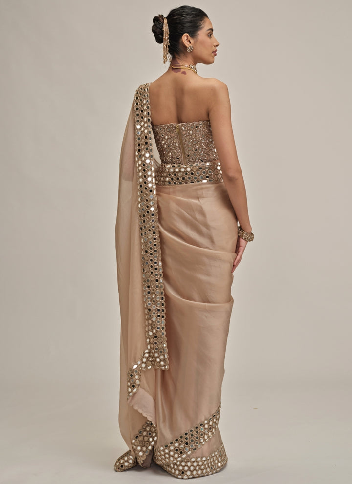 Beige Gold Satin Organza Saree With Corset