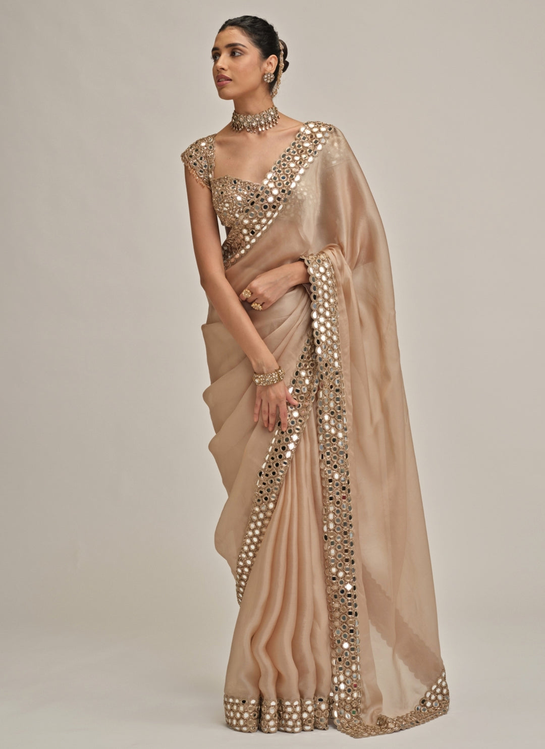 Beige Gold Satin Organza Saree