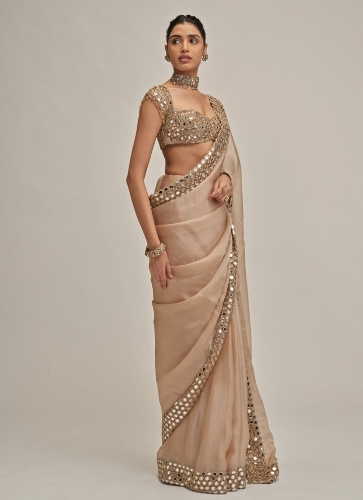 Beige Gold Satin Organza Saree
