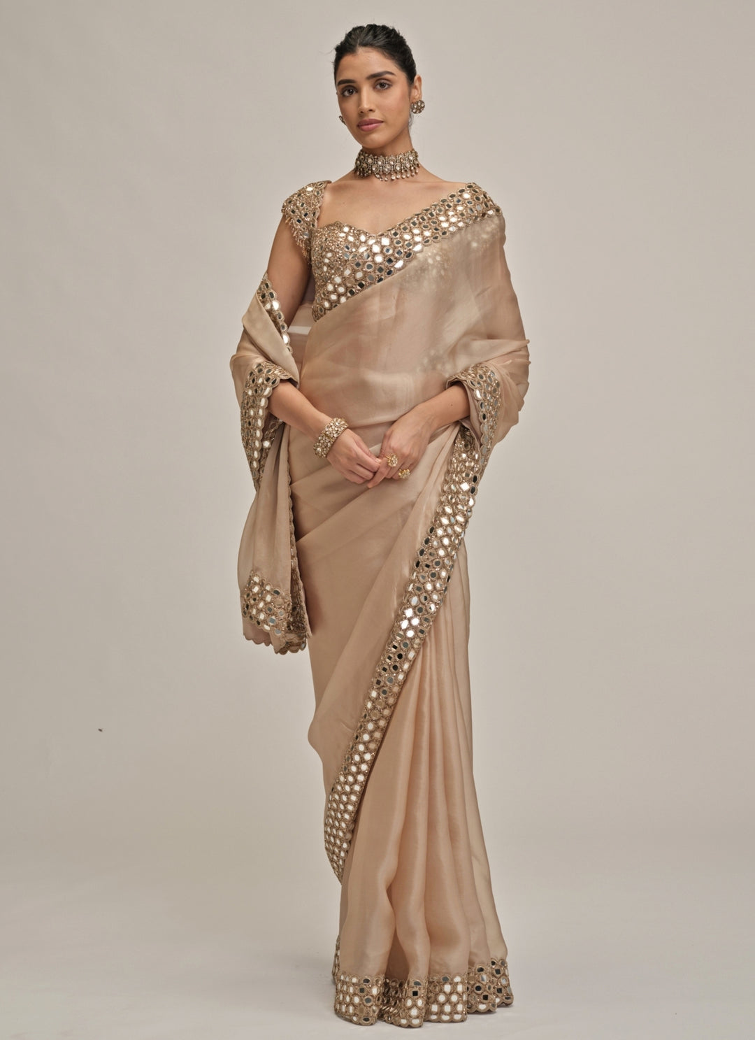 Beige Gold Satin Organza Saree
