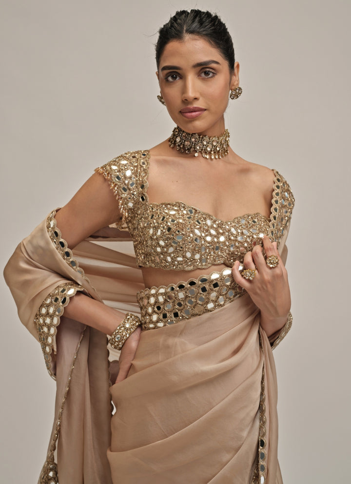 Beige Gold Satin Organza Saree