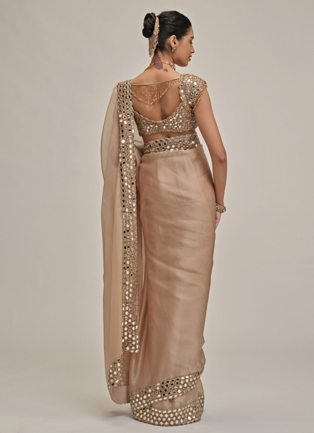 Beige Gold Satin Organza Saree
