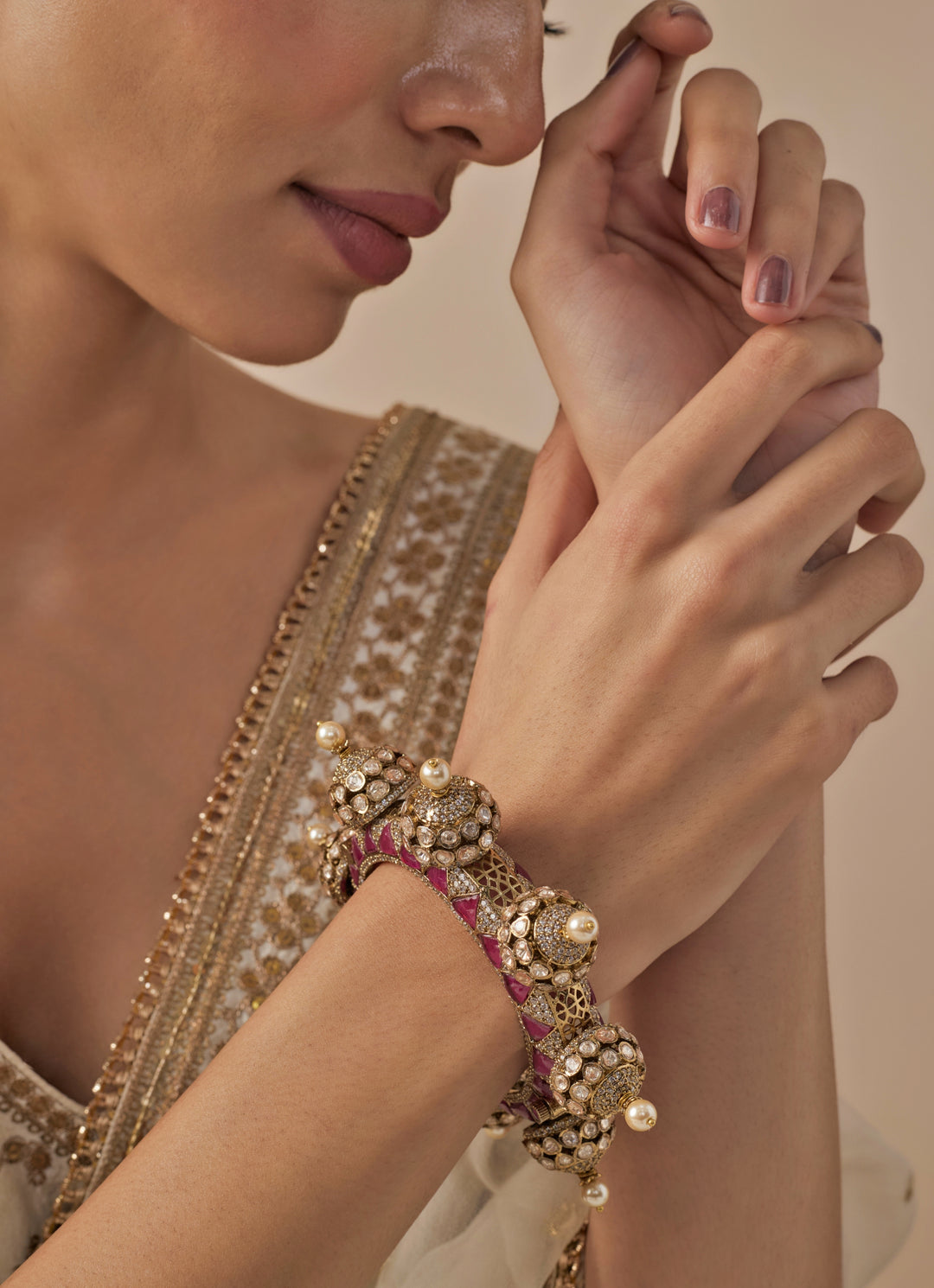 Kundan And Polki Kada With Pearl Accents