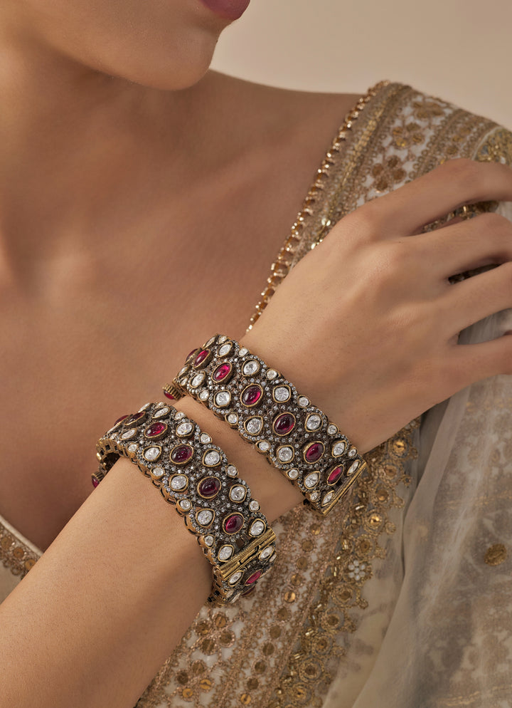 Red Kundan And Polki Gold Plated Bangles
