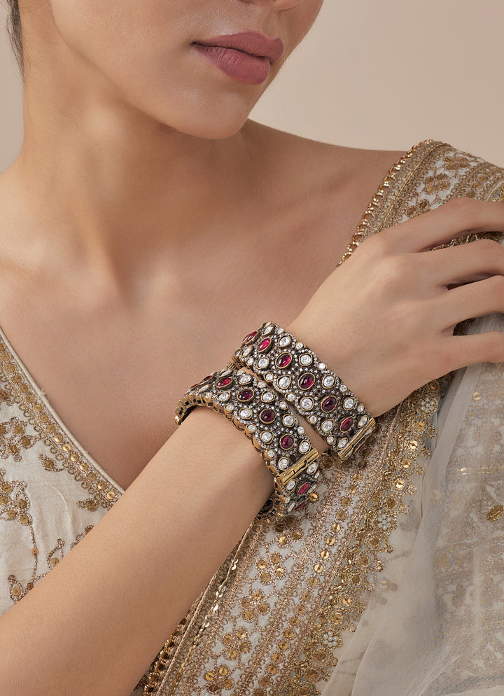 Red Kundan And Polki Gold Plated Bangles