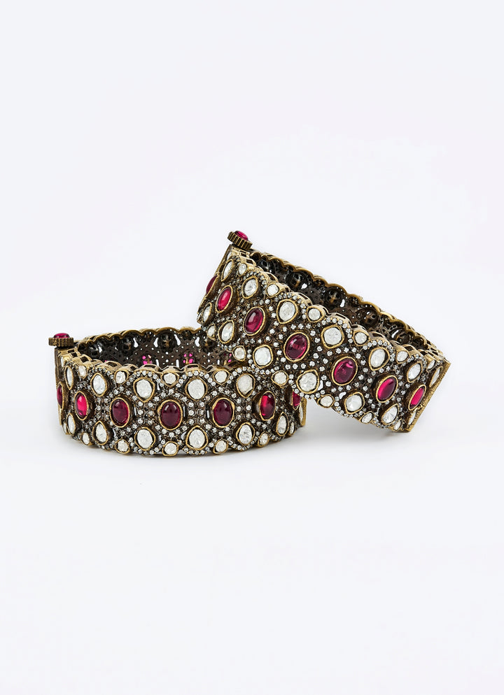 Red Kundan And Polki Gold Plated Bangles