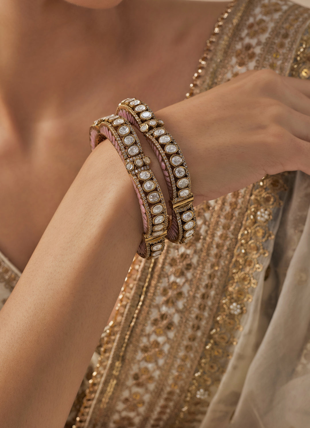 Pink And White Kundan Polki Gold Plated Bangles