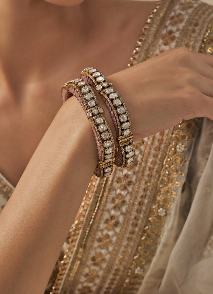 Pink And White Kundan Polki Gold Plated Bangles