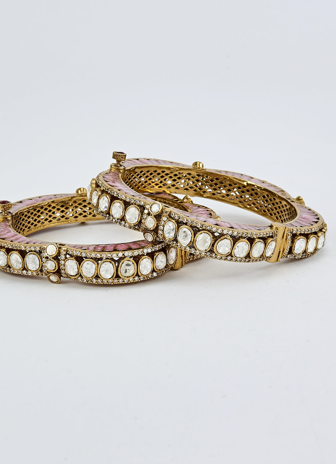 Pink And White Kundan Polki Gold Plated Bangles