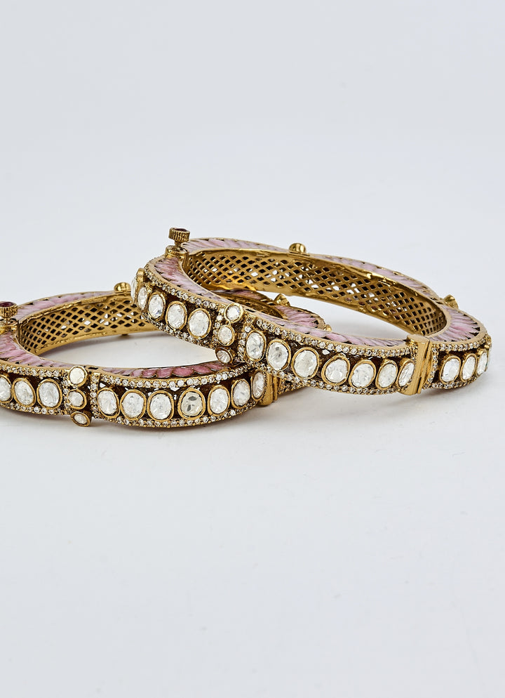 Pink And White Kundan Polki Gold Plated Bangles