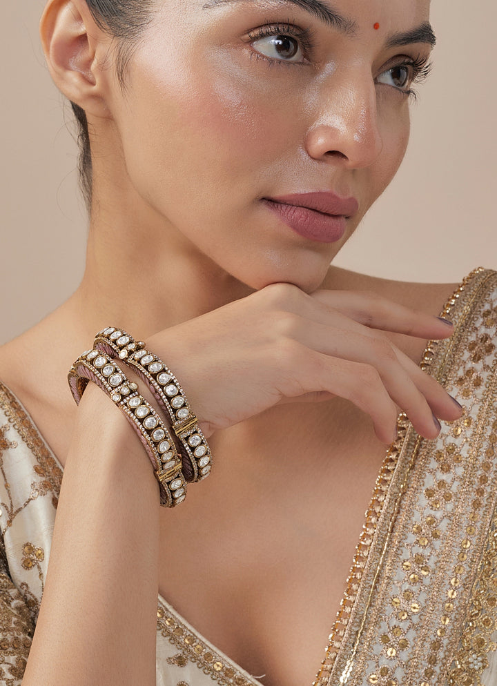 Pink And White Kundan Polki Gold Plated Bangles