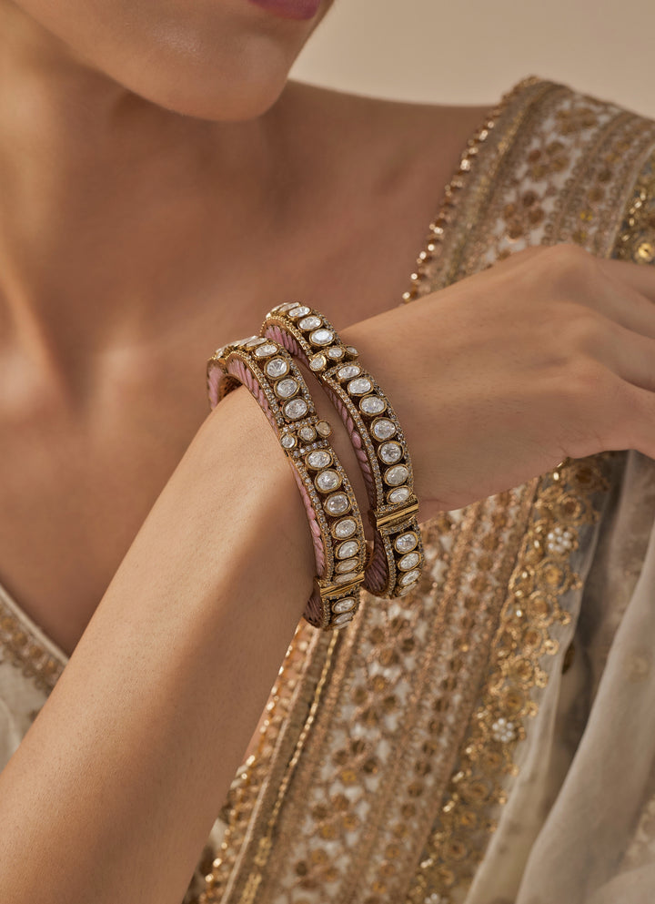 Pink And White Kundan Polki Gold Plated Bangles