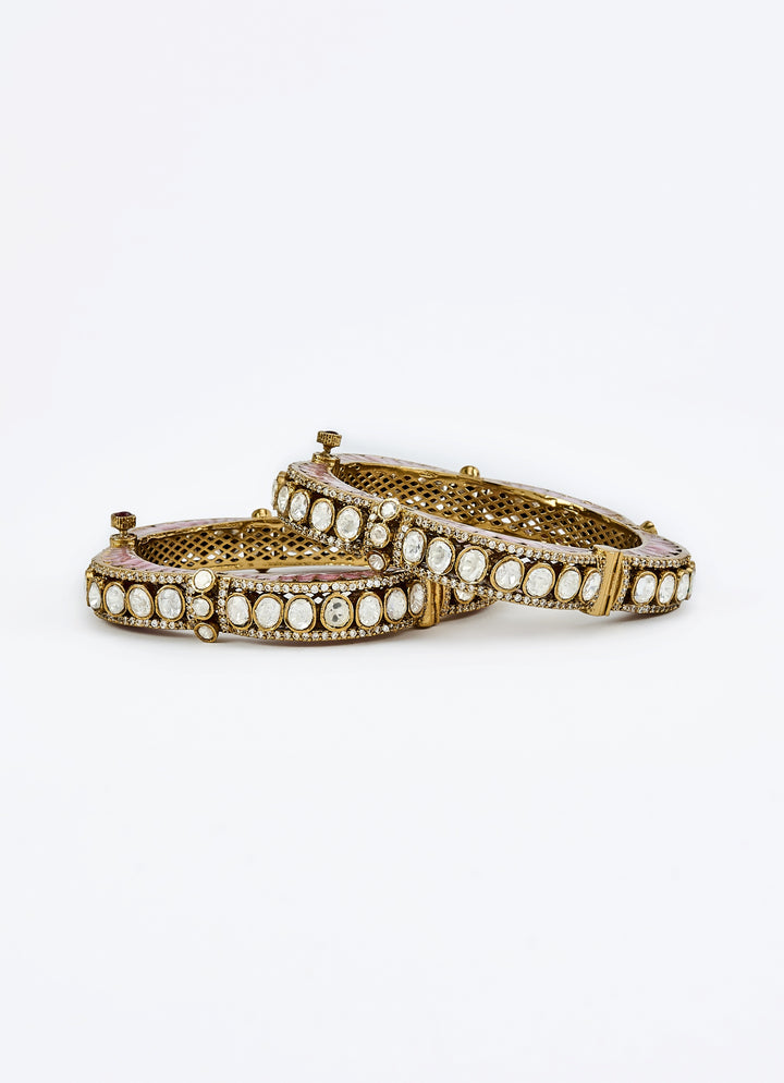 Pink And White Kundan Polki Gold Plated Bangles