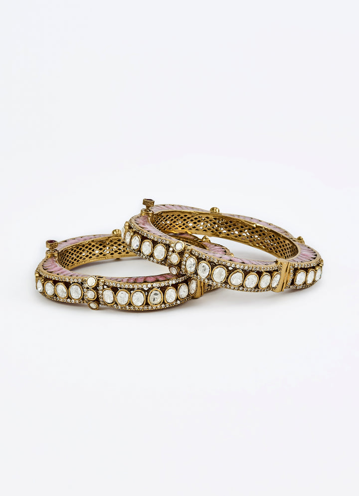 Pink And White Kundan Polki Gold Plated Bangles