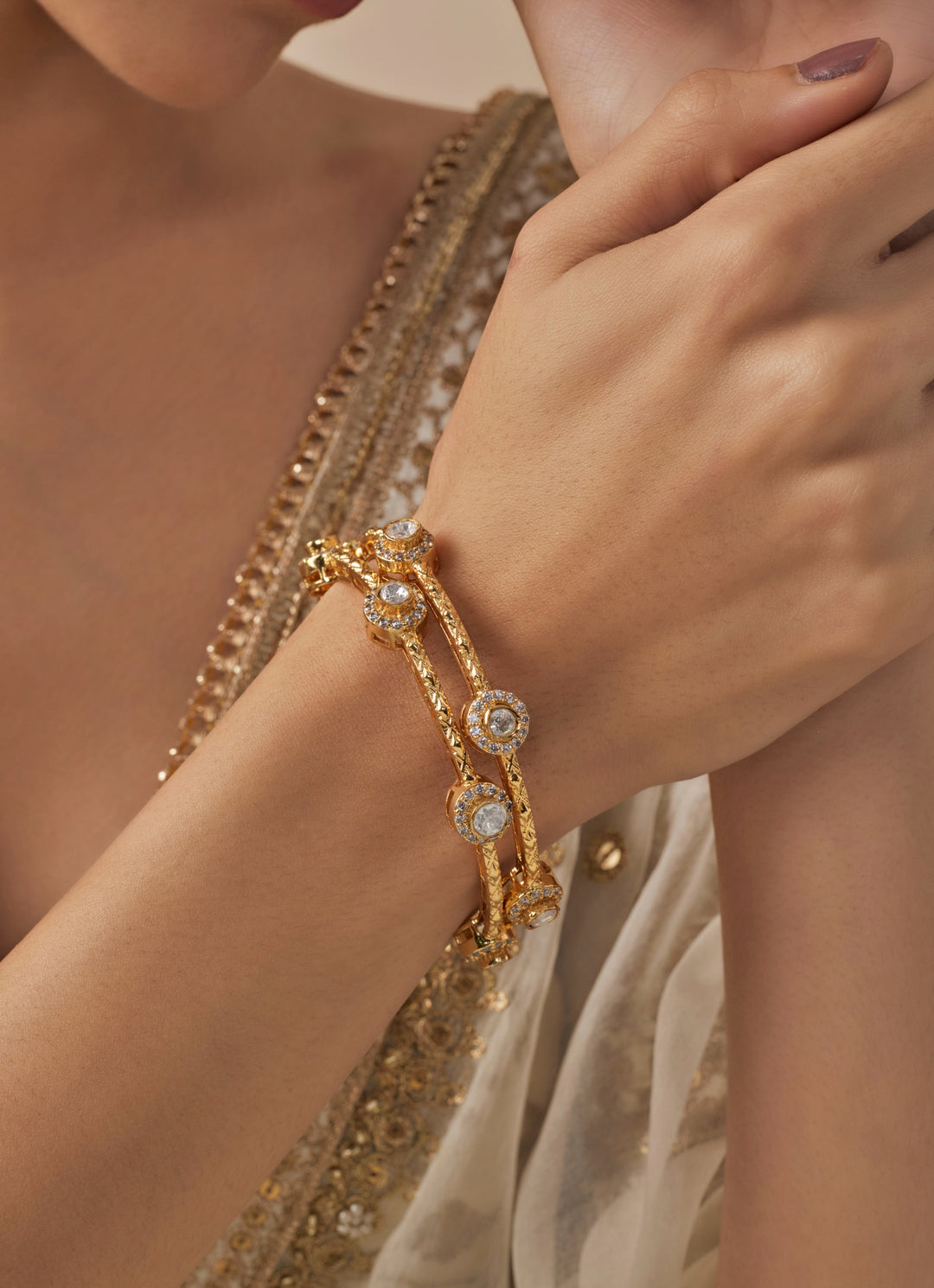 White Kundan And Polki Gold Plated Bangles