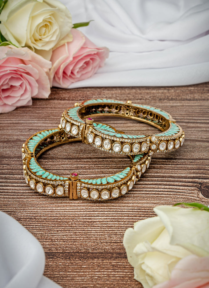 Green And White Kundan Polki Gold Plated Bangles