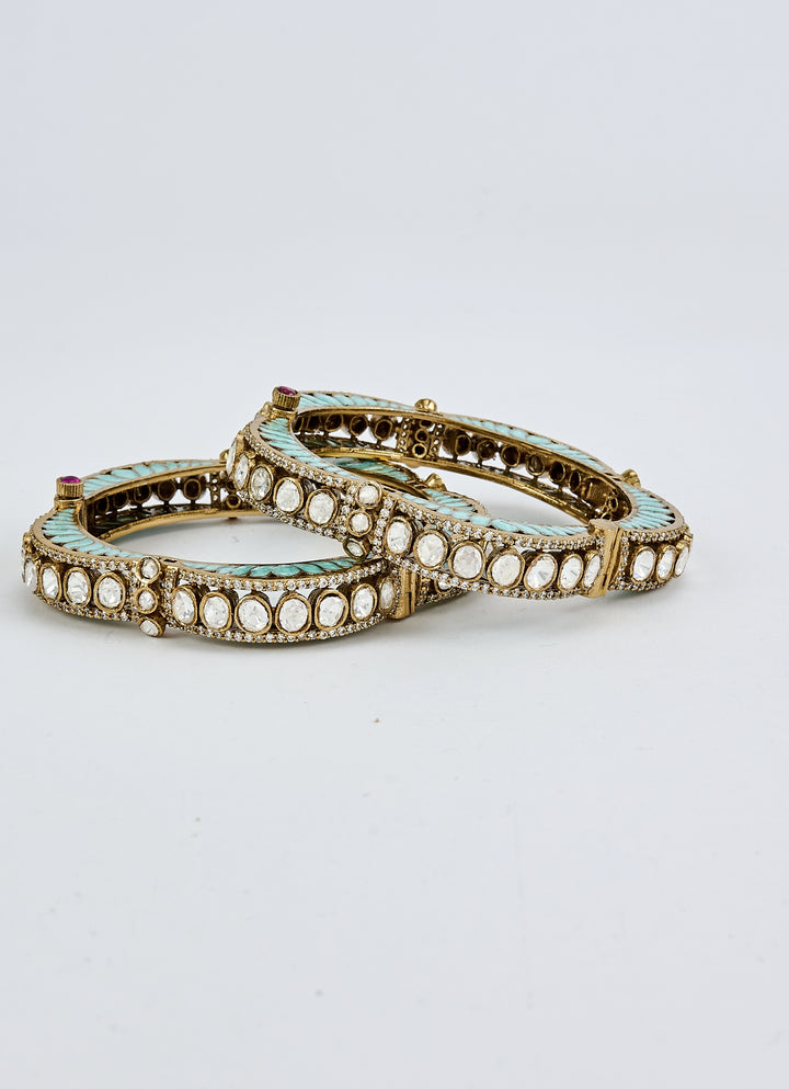 Green And White Kundan Polki Gold Plated Bangles