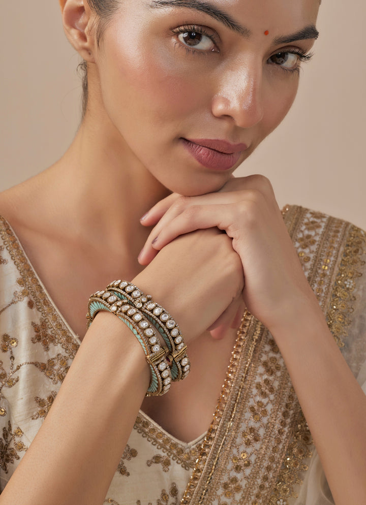 Green And White Kundan Polki Gold Plated Bangles