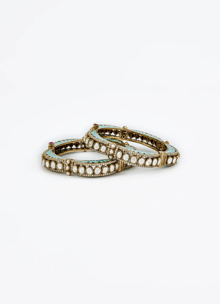 Green And White Kundan Polki Gold Plated Bangles