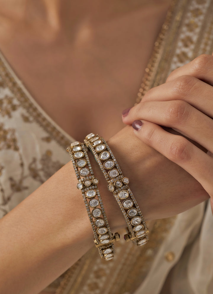 Green And White Kundan Polki Gold Plated Bangles