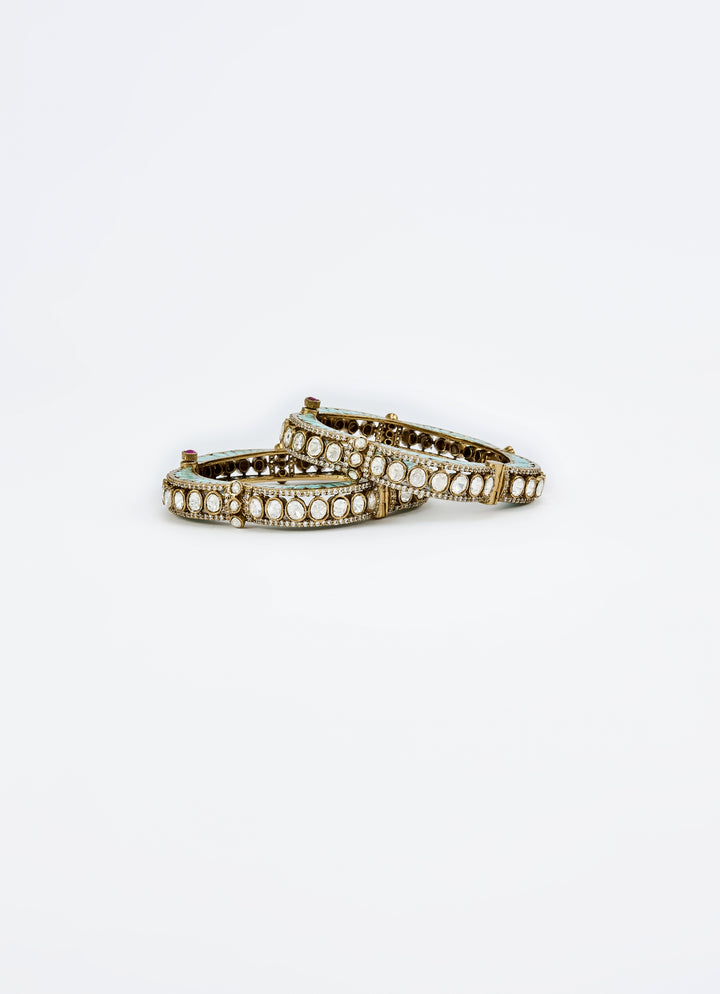 Green And White Kundan Polki Gold Plated Bangles
