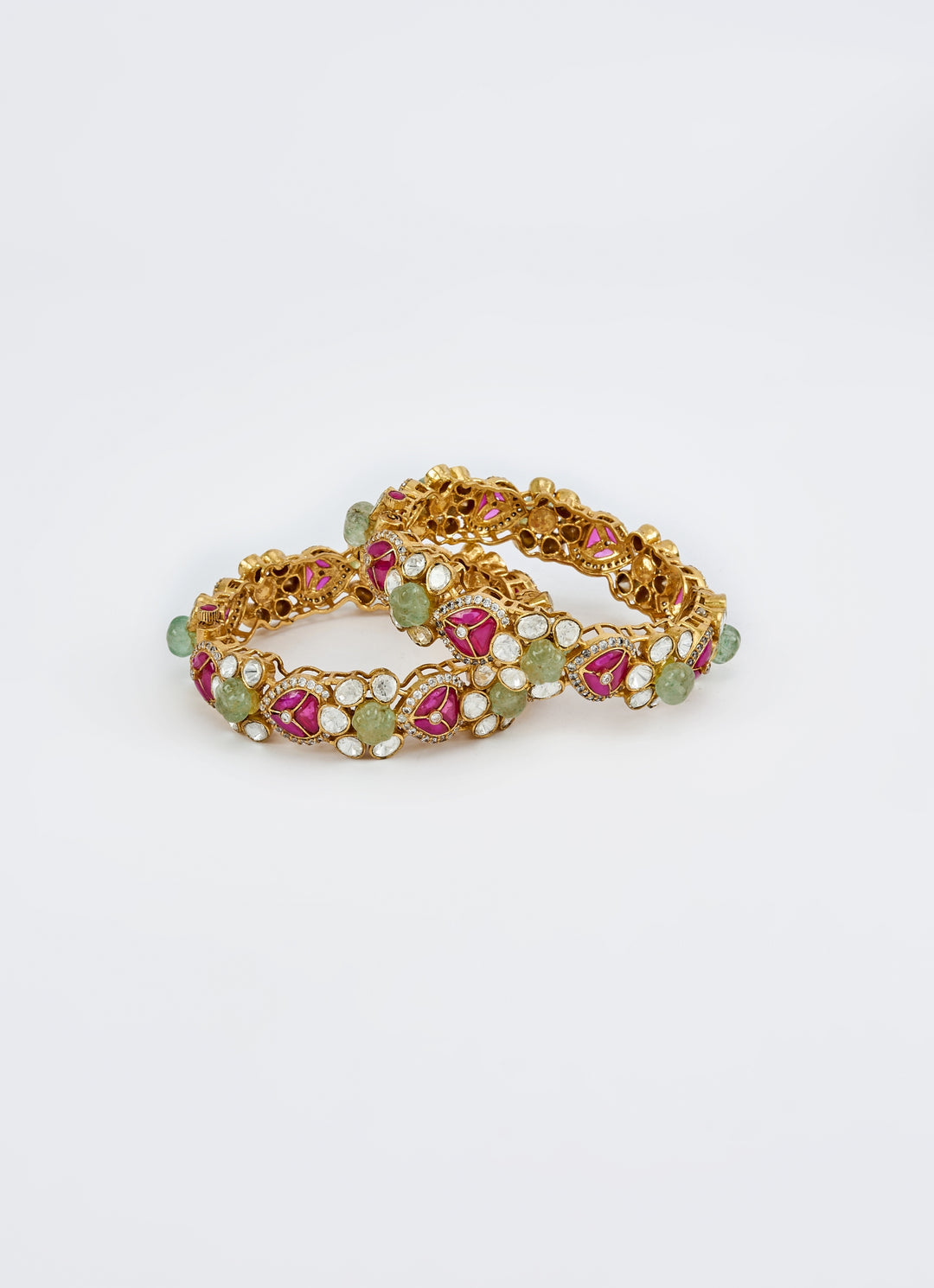 Red And Green Kundan Polki Gold Plated Bangles