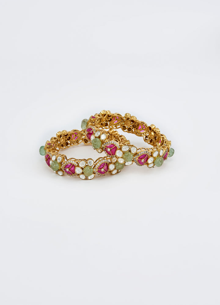 Red And Green Kundan Polki Gold Plated Bangles