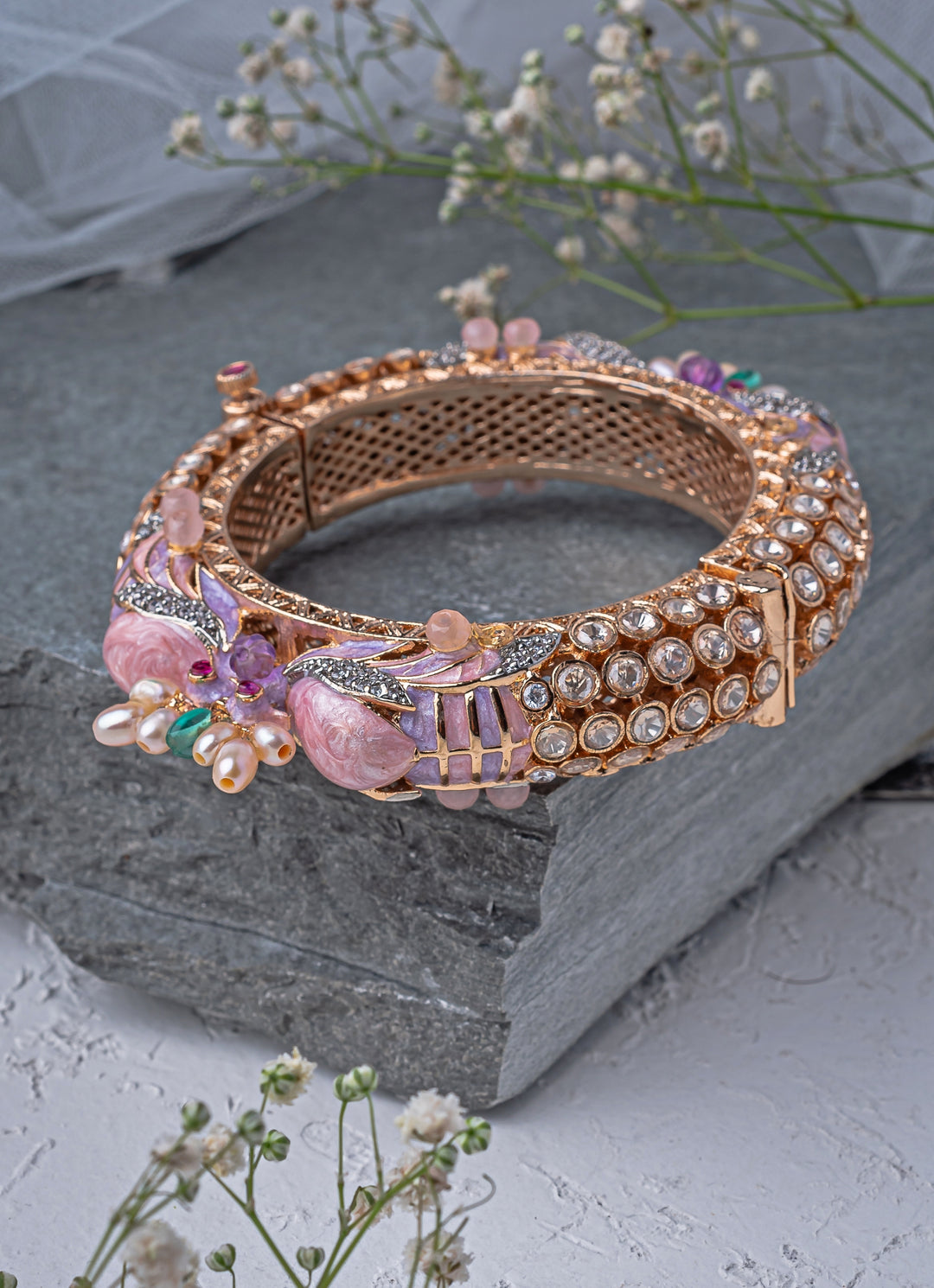 Pink Kundan And Polki Gold Plated Kada