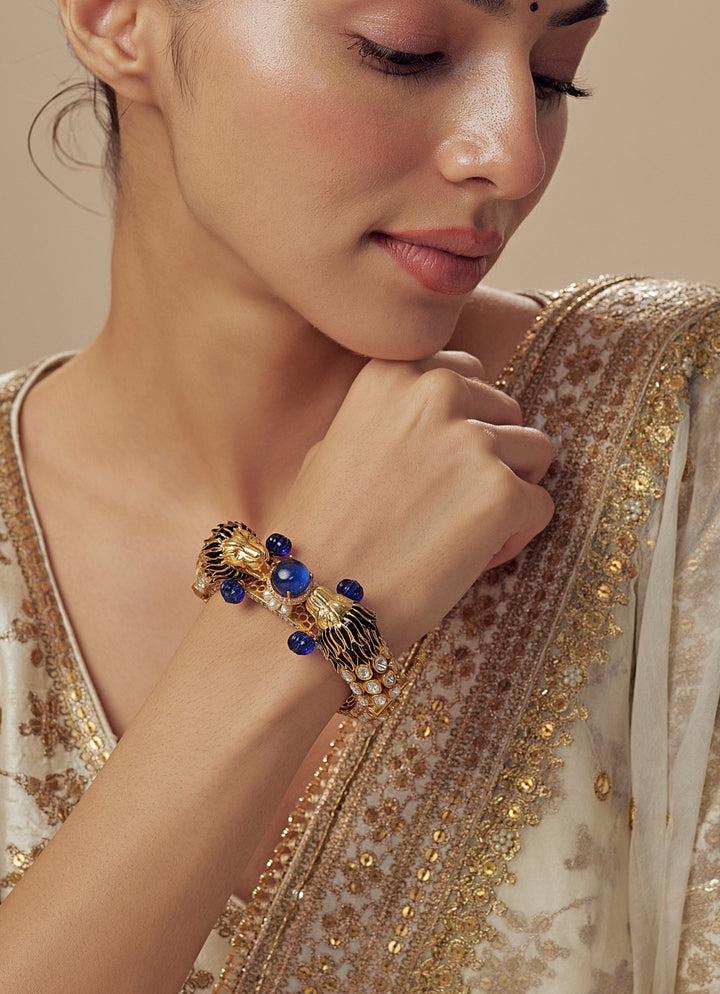 Blue Stone Kundan And Polki Gold Plated Kada