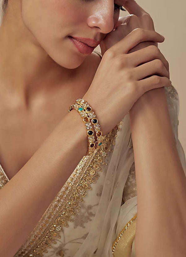Multi Stone Kundan And Polki Gold Plated Bangles