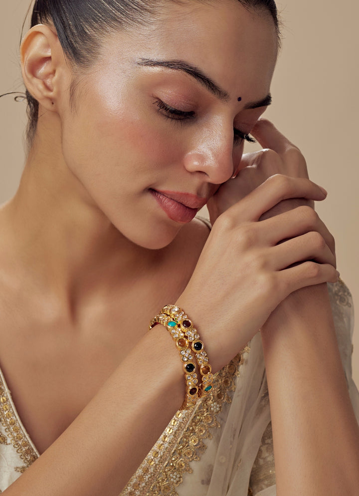 Multi Stone Kundan And Polki Gold Plated Bangles