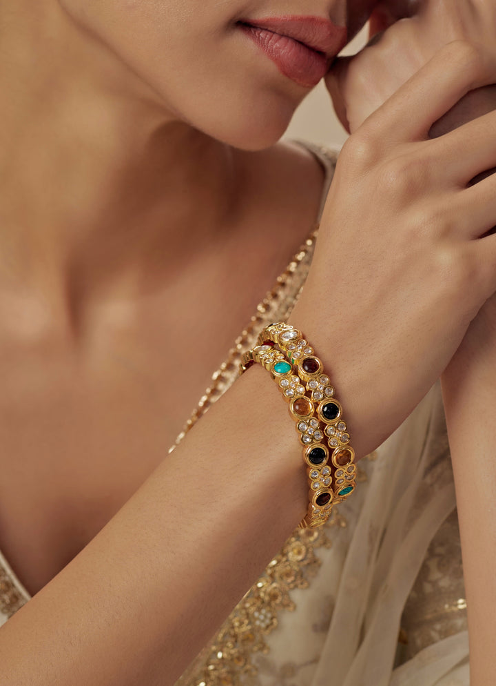 Multi Stone Kundan And Polki Gold Plated Bangles