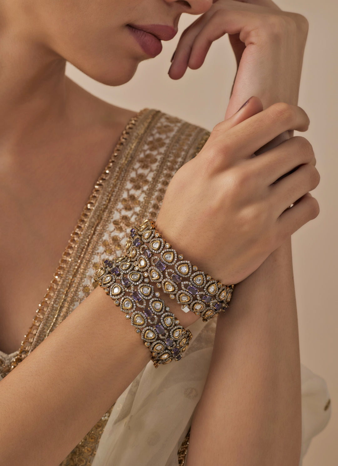 Purple Kundan And Polki Gold Plated Bangles