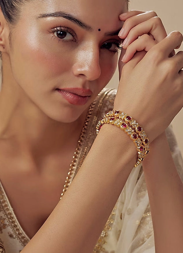 Pink And White Crystal Stone Gold Plated Bangles