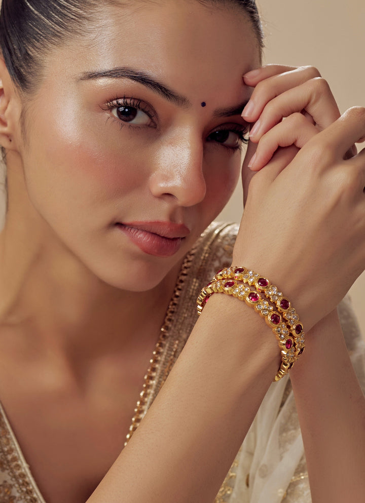 Pink And White Crystal Stone Gold Plated Bangles