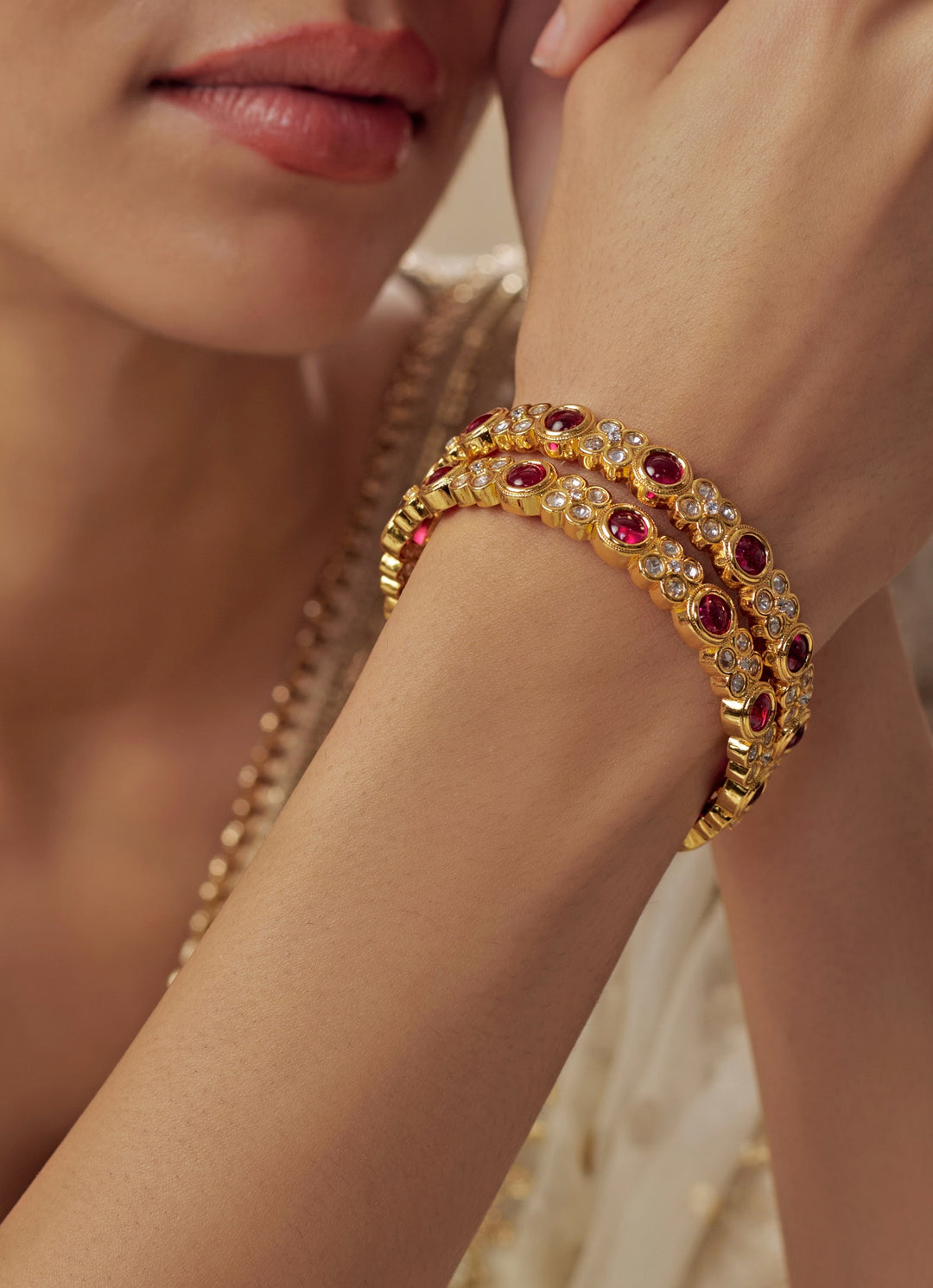 Pink And White Crystal Stone Gold Plated Bangles