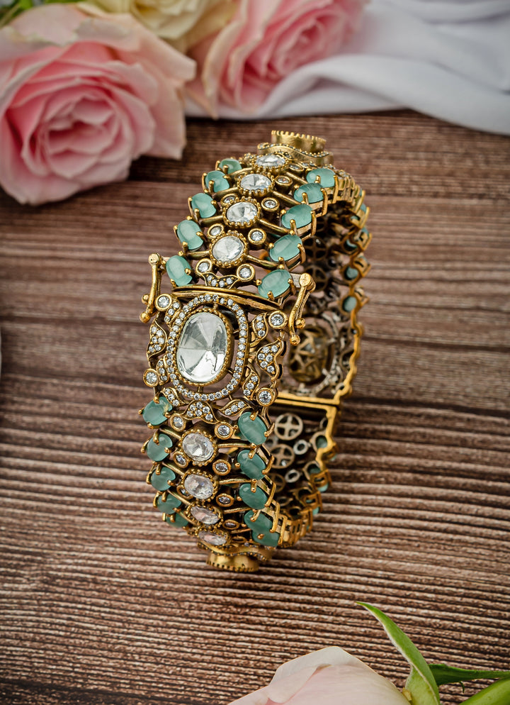 Green And Zircon Gold Plated Kada