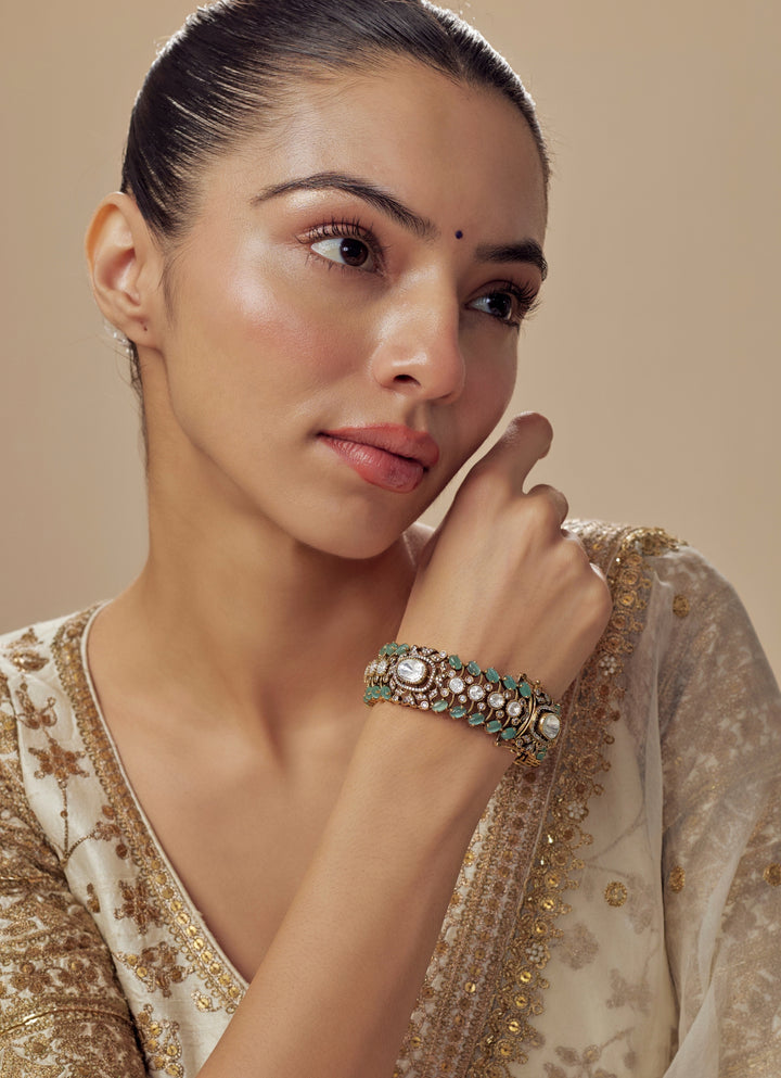 Green And Zircon Gold Plated Kada