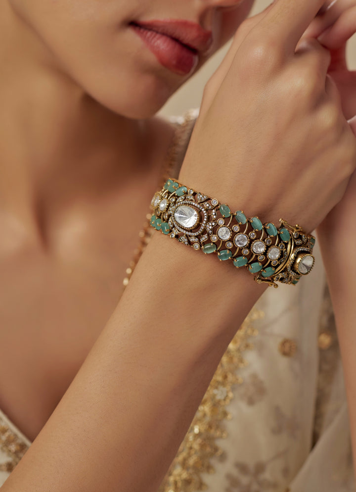 Green And Zircon Gold Plated Kada