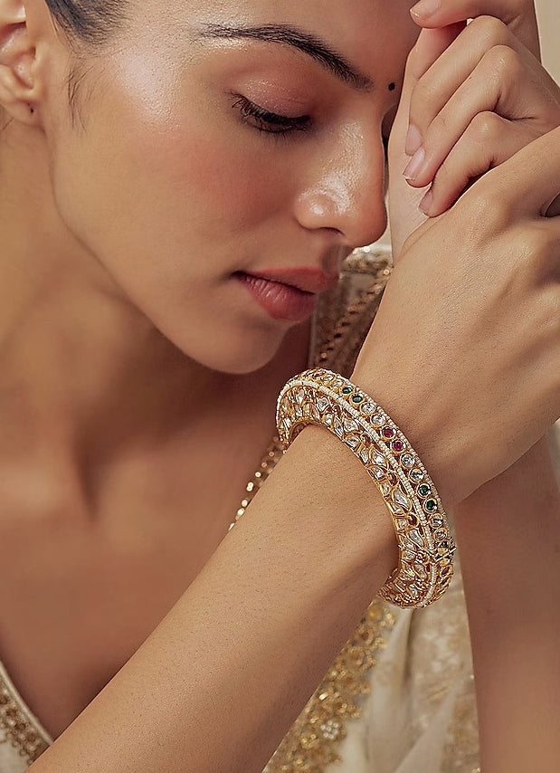 Multi Stone Kundan And Polki Gold Plated Kada