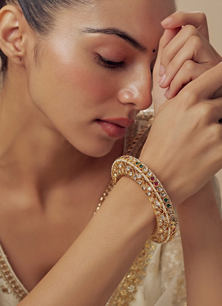 Multi Stone Kundan And Polki Gold Plated Kada