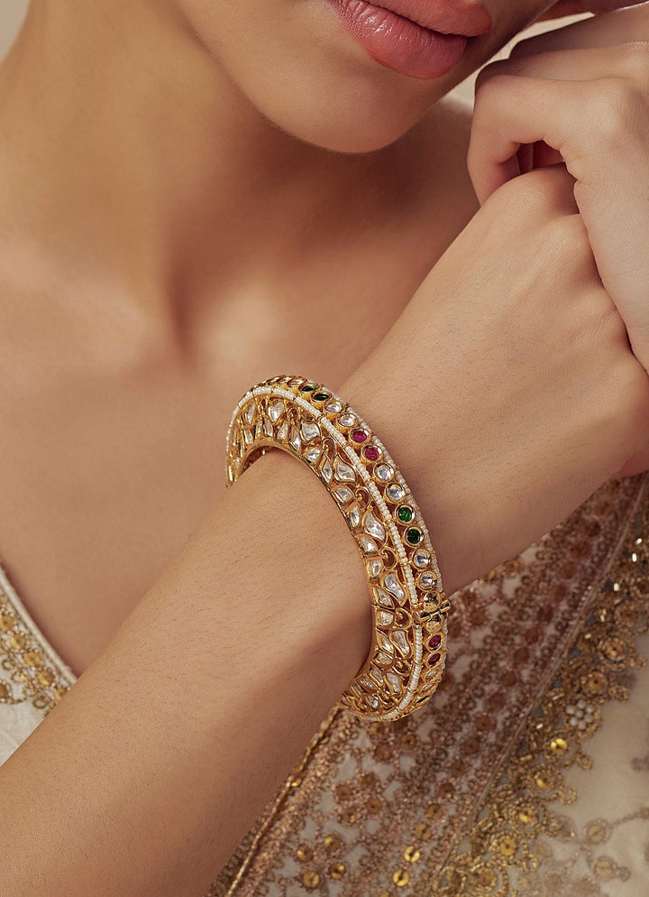 Multi Stone Kundan And Polki Gold Plated Kada