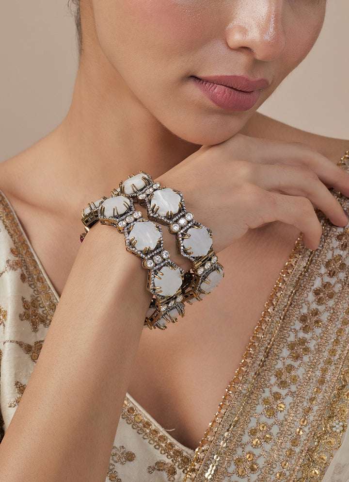 White Stone Kundan And Polki Gold Plated Bangles
