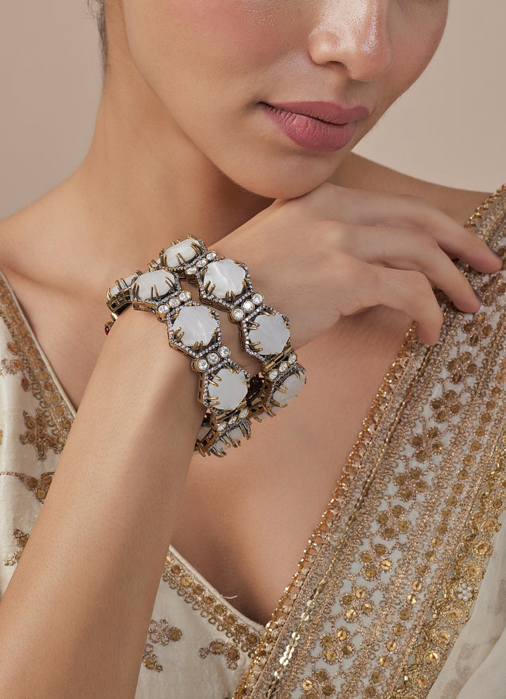 White Stone Kundan And Polki Gold Plated Bangles