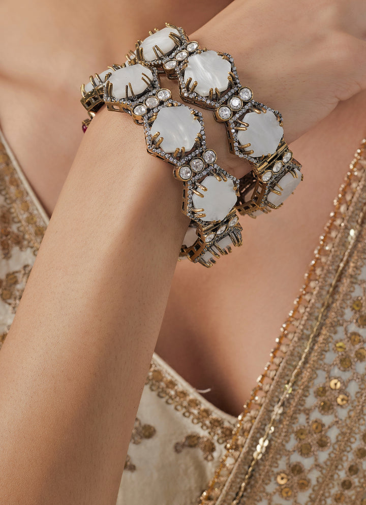 White Stone Kundan And Polki Gold Plated Bangles