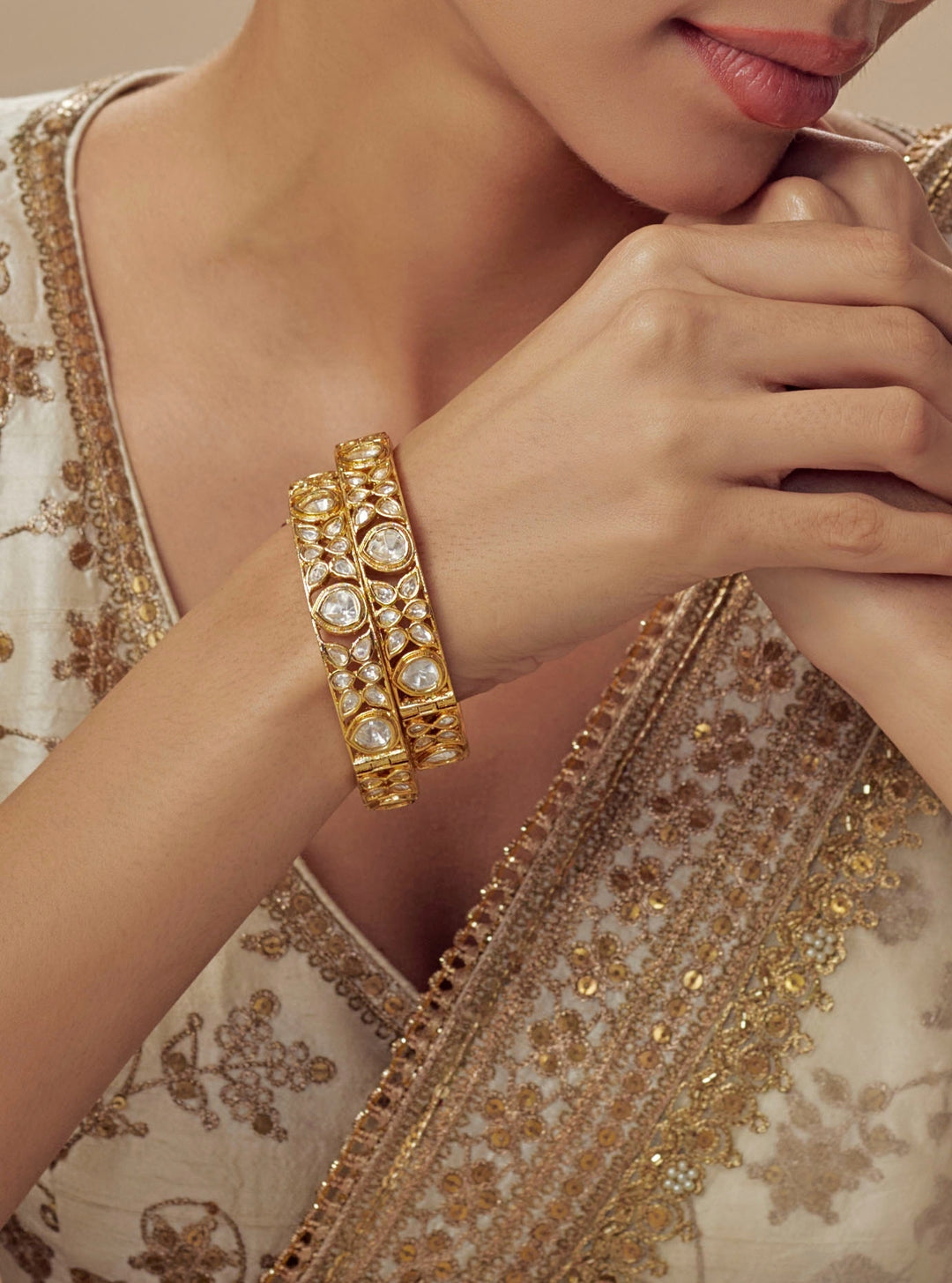 White Kundan And Polki Gold Plated Bangles
