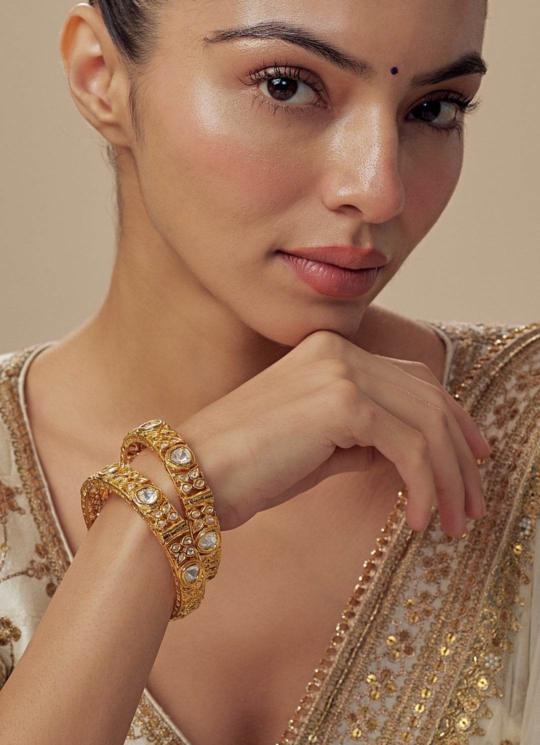 White Kundan And Polki Gold Plated Bangles