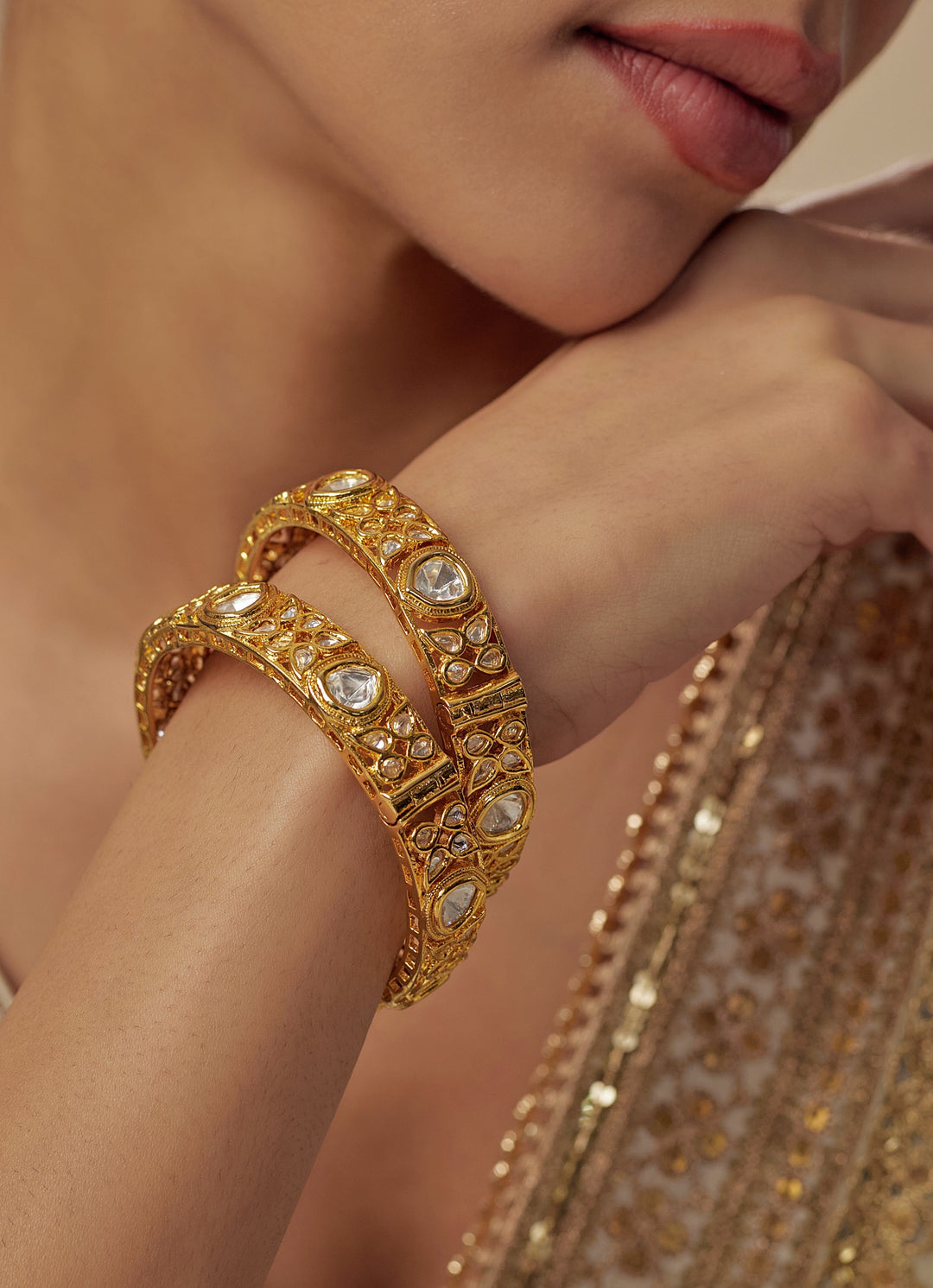 White Kundan And Polki Gold Plated Bangles